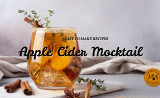 Image showcasing a refreshing apple cider mocktail garnished with cinnamon and thyme, from Champlain Orchards. The text indicates '3 Easy to Make Recipes,' enticing viewers to discover delightful non-alcoholic fall beverages.