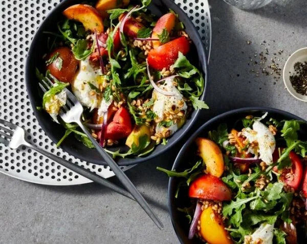 Peach, Tomato, and Fried Farro Salad with Burrata