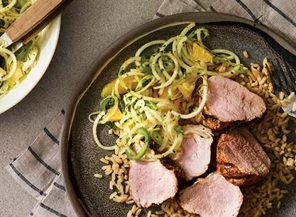 Spiced Pork with Citrus-Apple Slaw and Rice