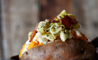 APPLE, BACON, AND LEEK STUFFED SWEET POTATOES