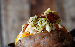 APPLE, BACON, AND LEEK STUFFED SWEET POTATOES