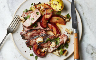 Grilled Pork Chops with Plums, Halloumi, and Lemon