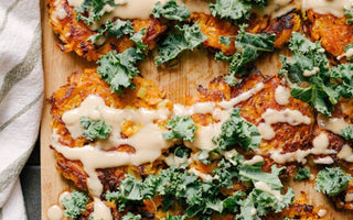 Sweet Potato + Apple Latkes with Tahini Lemon Drizzle